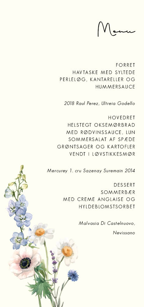 
                Skønneste menukort med en smuk blomsterbuket i bunden. Disse blomster skriger forår/sommer bryllup. Til designet kommer også matchende elementer i form af invitation velkomstskilt, salmehæfte, bordoversigt, menukort, drinkskort, takkekort mm. således I kan skabe en rød tråd for dagen.                